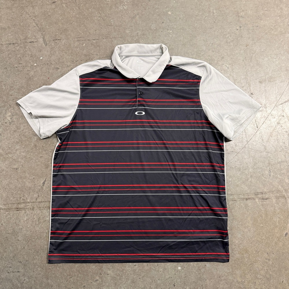 Oakley Mens XXL Golf Polo Shirt Striped Colorblock Performance Short Sleeve Grey
